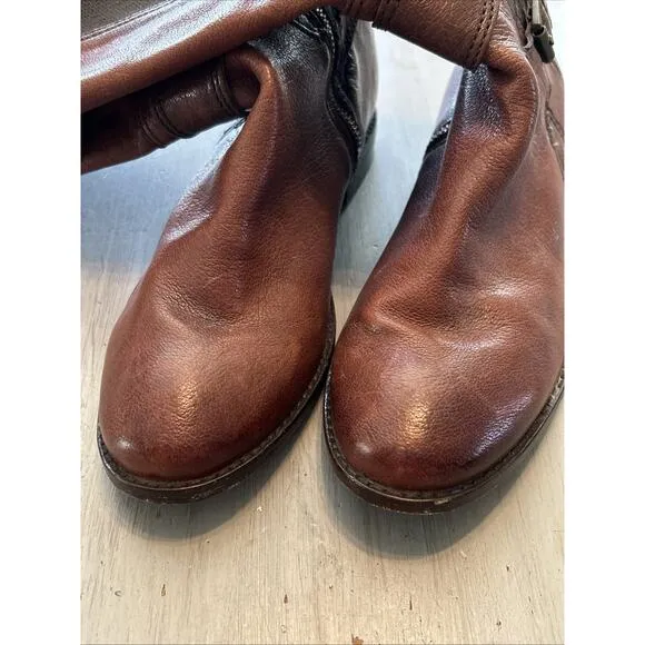 Frye Anna Gore Brown Cognac Leather Tall Riding Boots Buckle Zip Up Women 7.5