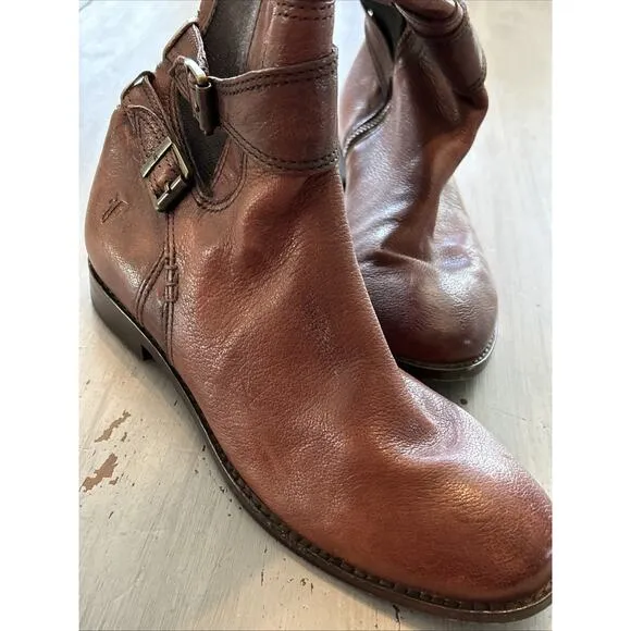 Frye Anna Gore Brown Cognac Leather Tall Riding Boots Buckle Zip Up Women 7.5