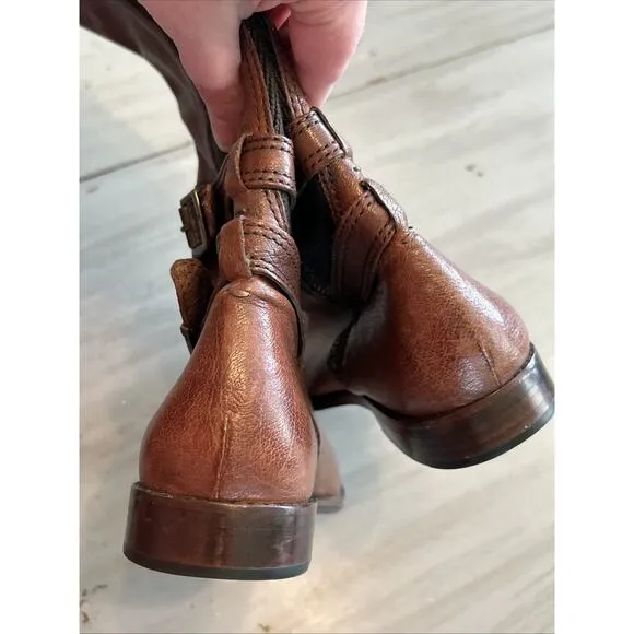 Frye Anna Gore Brown Cognac Leather Tall Riding Boots Buckle Zip Up Women 7.5