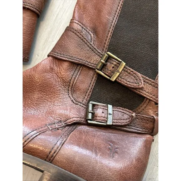 Frye Anna Gore Brown Cognac Leather Tall Riding Boots Buckle Zip Up Women 7.5