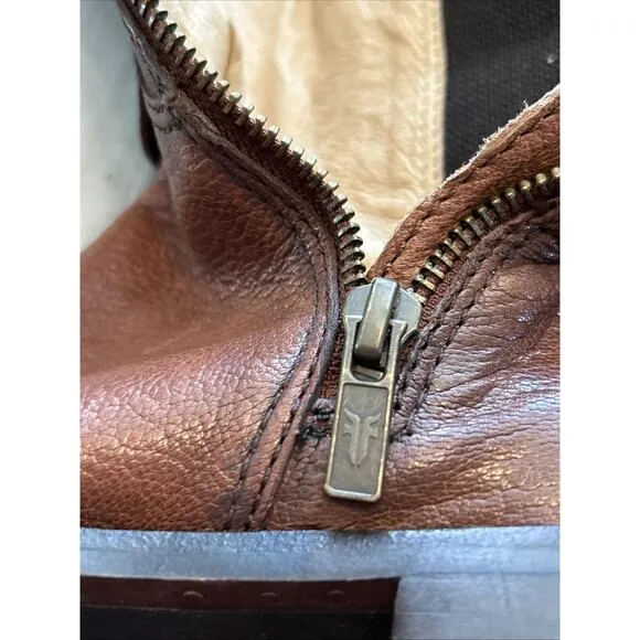Frye Anna Gore Brown Cognac Leather Tall Riding Boots Buckle Zip Up Women 7.5