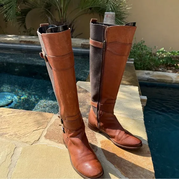 Frye Anna Gore Knee High Boots Brown Leather Tall Riding Buckle Strap SZ 10