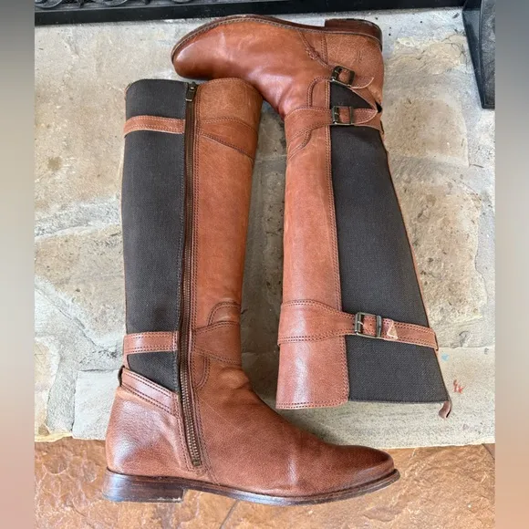 Frye Anna Gore Knee High Boots Brown Leather Tall Riding Buckle Strap SZ 10
