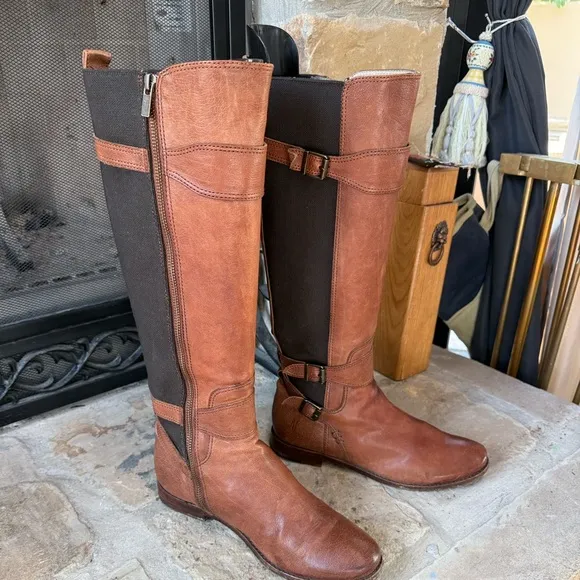 Frye Anna Gore Knee High Boots Brown Leather Tall Riding Buckle Strap SZ 10