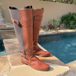 Frye Anna Gore Knee High Boots Brown Leather Tall Riding Buckle Strap SZ 10