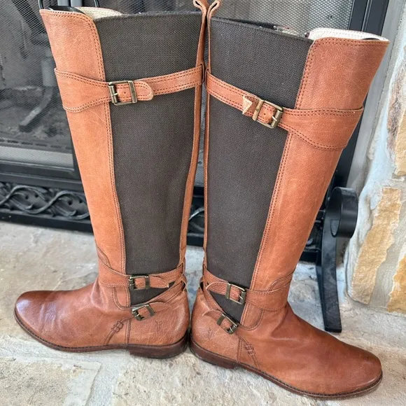 Frye Anna Gore Knee High Boots Brown Leather Tall Riding Buckle Strap SZ 10