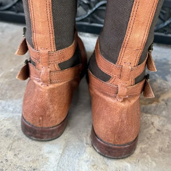 Frye Anna Gore Knee High Boots Brown Leather Tall Riding Buckle Strap SZ 10