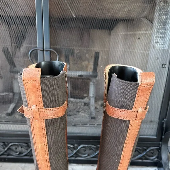Frye Anna Gore Knee High Boots Brown Leather Tall Riding Buckle Strap SZ 10