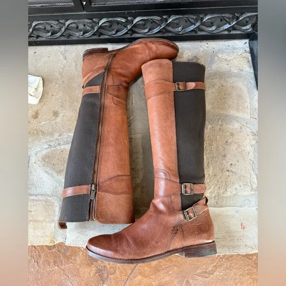 Frye Anna Gore Knee High Boots Brown Leather Tall Riding Buckle Strap SZ 10
