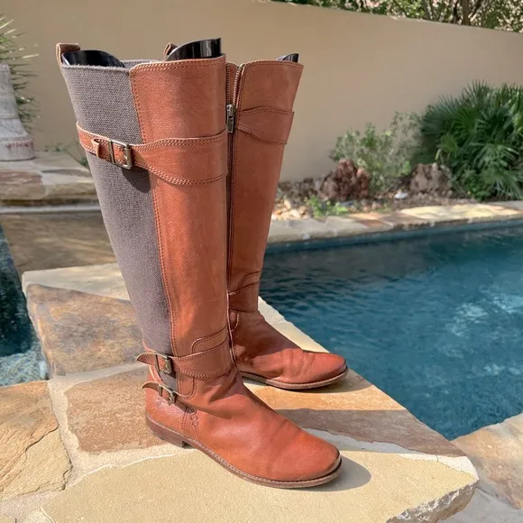 Frye Anna Gore Knee High Boots Brown Leather Tall Riding Buckle Strap SZ 10