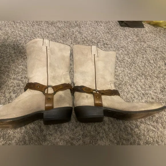Frye Beige Billy Braided Harness Strap Leather western Boots