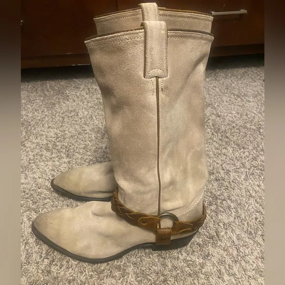 Frye Beige Billy Braided Harness Strap Leather western Boots