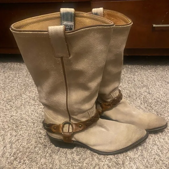 Frye Beige Billy Braided Harness Strap Leather western Boots