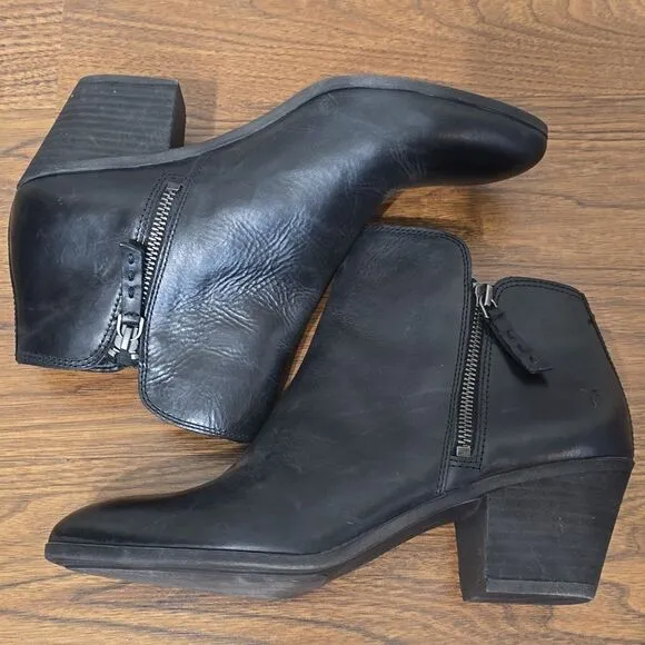 Frye Black Ankle Boots with Medium Block Heel Side Zipper Leather