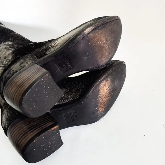 Frye Black Pewter Metallic Leather Calf Hair Size 6 Knee High Tall Riding Boots