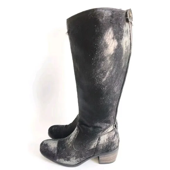 Frye Black Pewter Metallic Leather Calf Hair Size 6 Knee High Tall Riding Boots