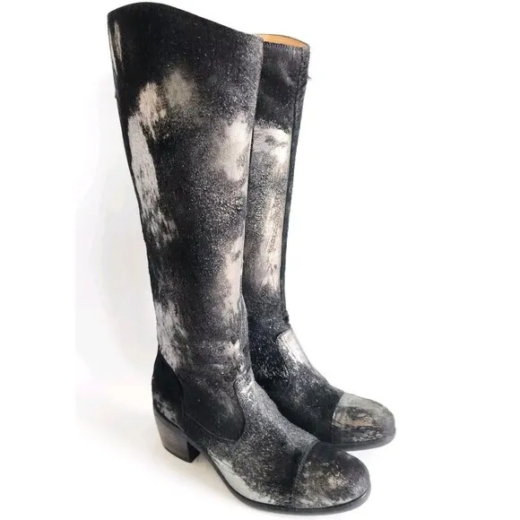 Frye Black Pewter Metallic Leather Calf Hair Size 6 Knee High Tall Riding Boots