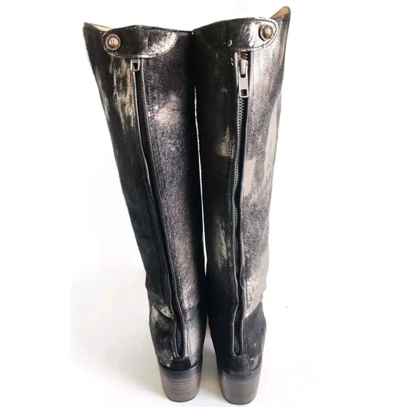 Frye Black Pewter Metallic Leather Calf Hair Size 6 Knee High Tall Riding Boots