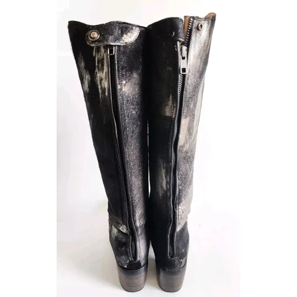 Frye Black Pewter Metallic Leather Calf Hair Size 6 Knee High Tall Riding Boots