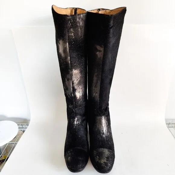 Frye Black Pewter Metallic Leather Calf Hair Size 6 Knee High Tall Riding Boots