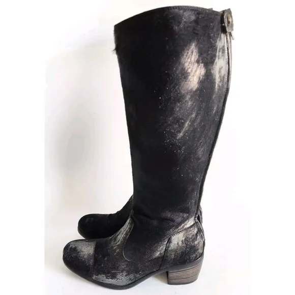 Frye Black Pewter Metallic Leather Calf Hair Size 6 Knee High Tall Riding Boots