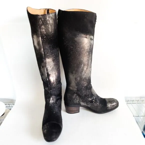 Frye Black Pewter Metallic Leather Calf Hair Size 6 Knee High Tall Riding Boots