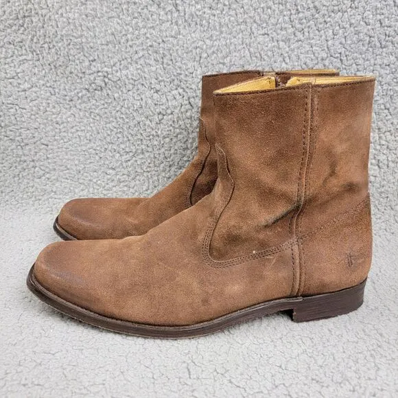 Frye Boots Brown Suede Leather Inside Zip Moto Work Men's Size 12 D Ankle