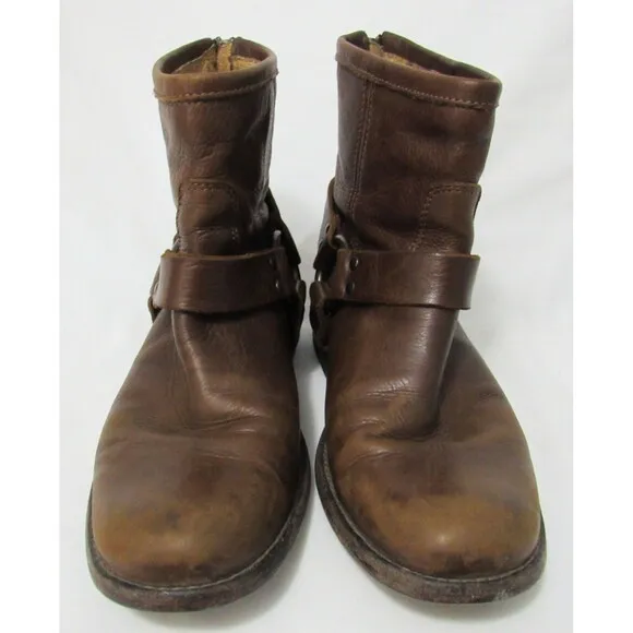 Frye Brown Leather Zip Back Phillip Harness Boots Size 6 B EUC