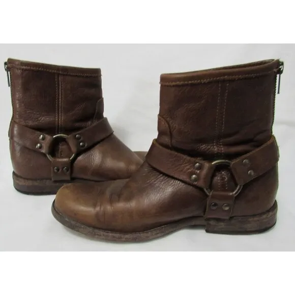 Frye Brown Leather Zip Back Phillip Harness Boots Size 6 B EUC