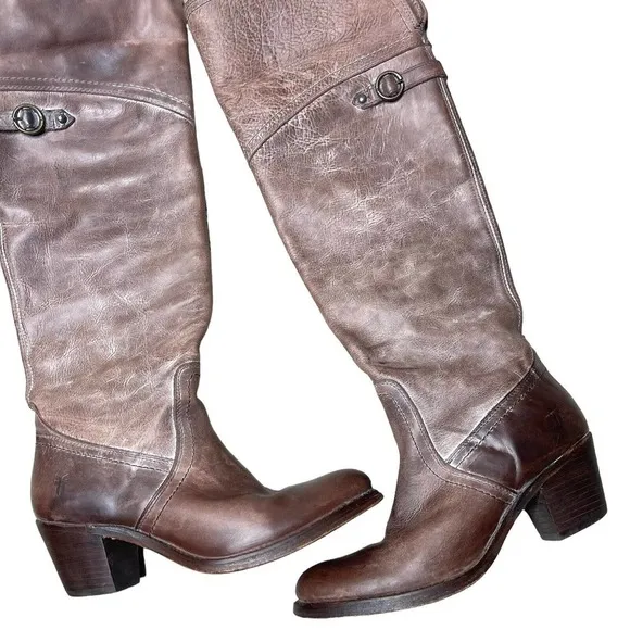 FRYE Jane Tall Cuff Leather Foldover Buckle Brown Stacked Heel Boots, 7 B