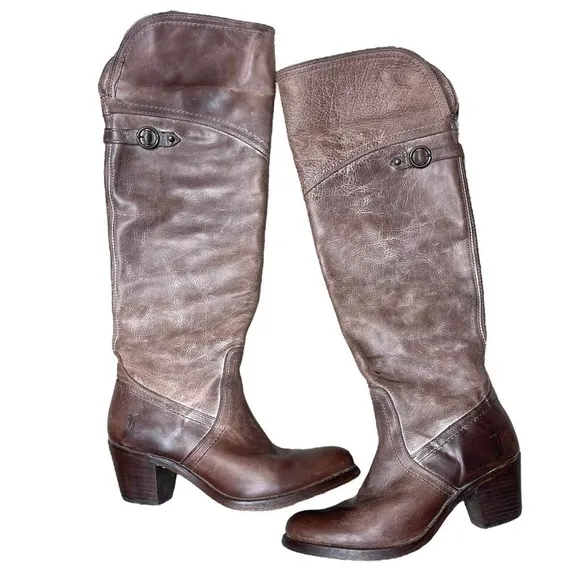 FRYE Jane Tall Cuff Leather Foldover Buckle Brown Stacked Heel Boots, 7 B