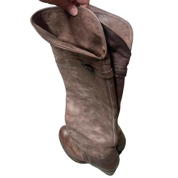FRYE Jane Tall Cuff Leather Foldover Buckle Brown Stacked Heel Boots, 7 B