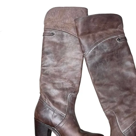 FRYE Jane Tall Cuff Leather Foldover Buckle Brown Stacked Heel Boots, 7 B