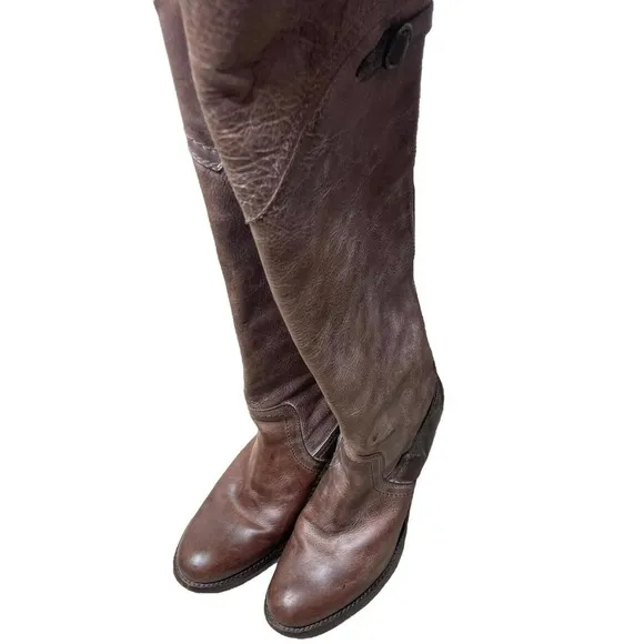 FRYE Jane Tall Cuff Leather Foldover Buckle Brown Stacked Heel Boots, 7 B