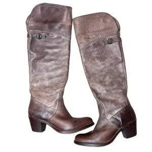 FRYE Jane Tall Cuff Leather Foldover Buckle Brown Stacked Heel Boots, 7 B