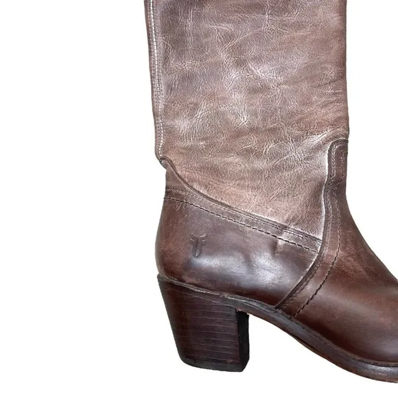 FRYE Jane Tall Cuff Leather Foldover Buckle Brown Stacked Heel Boots, 7 B