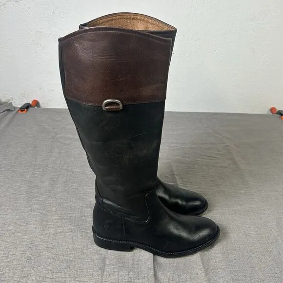 FRYE Jayden D Ring Black &amp; Brown Leather Tall Zip Riding Boots 8 B $398
