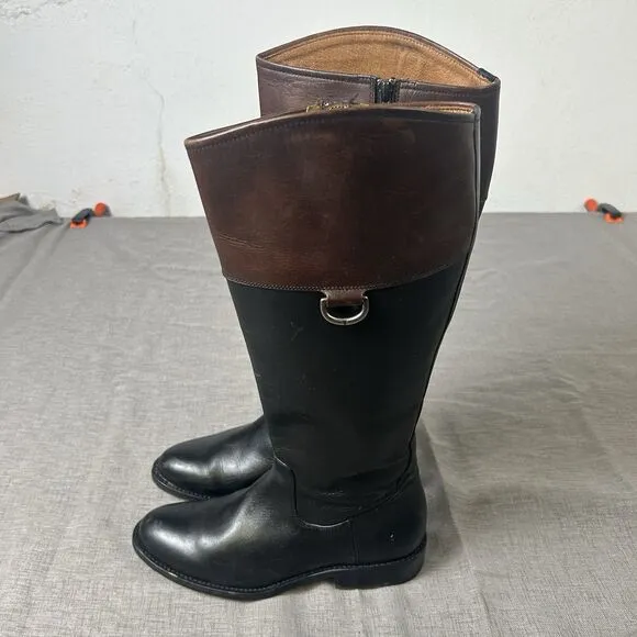 FRYE Jayden D Ring Black &amp; Brown Leather Tall Zip Riding Boots 8 B $398