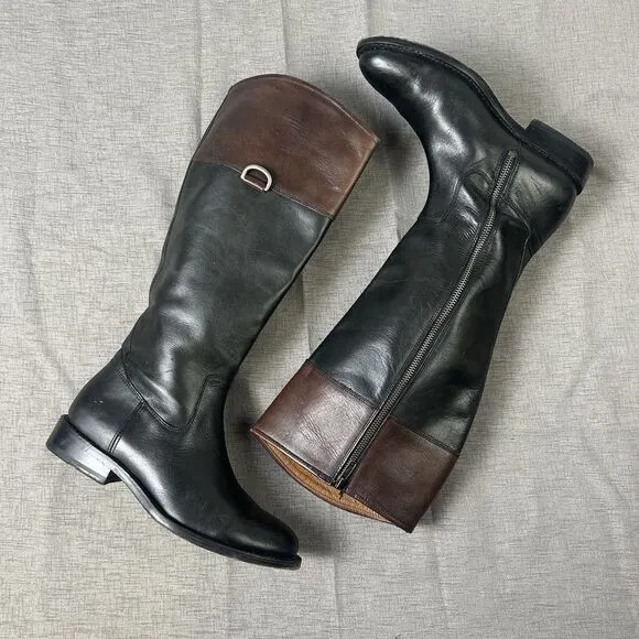 FRYE Jayden D Ring Black &amp; Brown Leather Tall Zip Riding Boots 8 B $398
