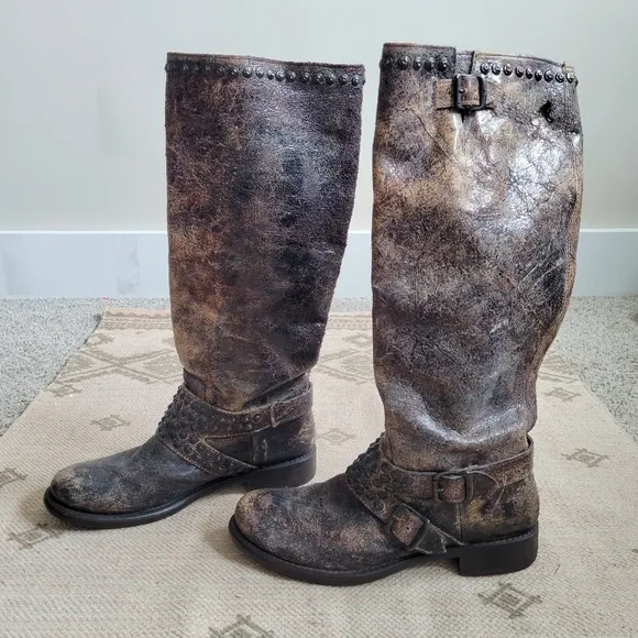 FRYE Jenna Studded Tall Chocolate Glazed Vintage Leather Boots