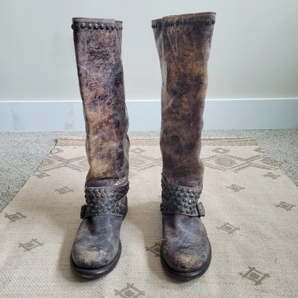 FRYE Jenna Studded Tall Chocolate Glazed Vintage Leather Boots