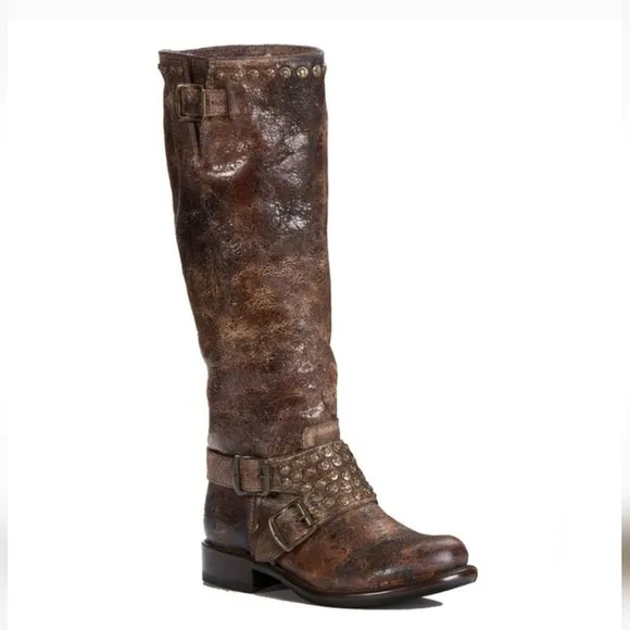 FRYE Jenna Studded Tall Chocolate Glazed Vintage Leather Boots