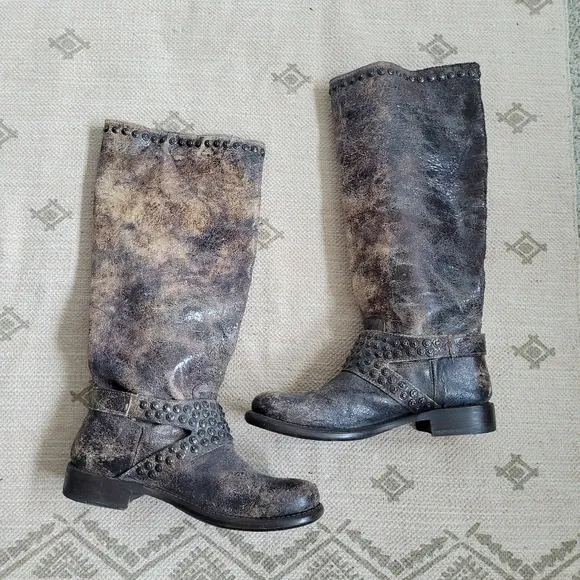FRYE Jenna Studded Tall Chocolate Glazed Vintage Leather Boots
