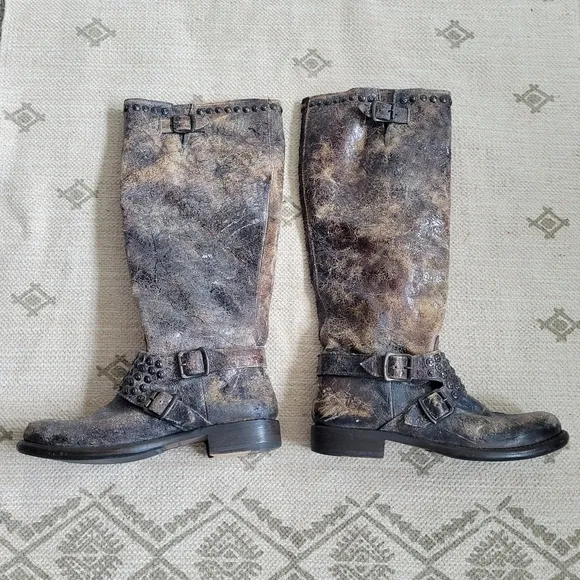 FRYE Jenna Studded Tall Chocolate Glazed Vintage Leather Boots