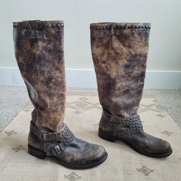 FRYE Jenna Studded Tall Chocolate Glazed Vintage Leather Boots