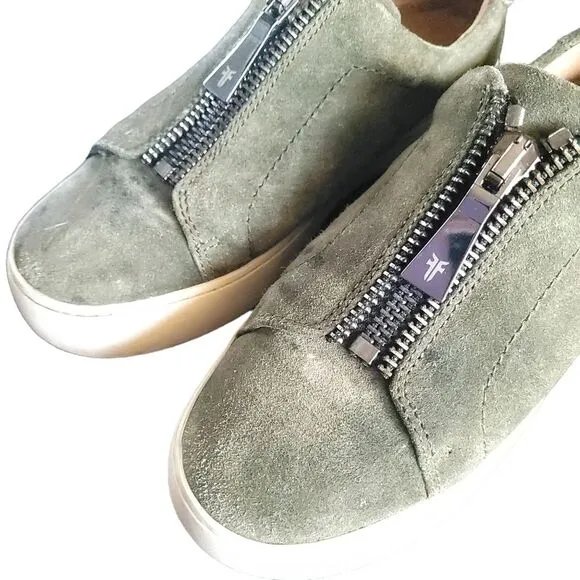 Frye Lena Women’s 7M Green Leather Slip On Zip Shoes Low Platform Sneaker