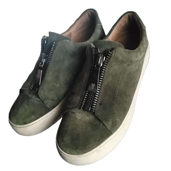 Frye Lena Women’s 7M Green Leather Slip On Zip Shoes Low Platform Sneaker