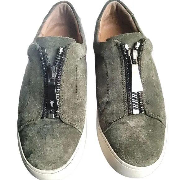 Frye Lena Women’s 7M Green Leather Slip On Zip Shoes Low Platform Sneaker