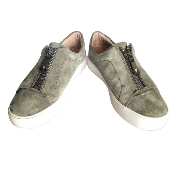 Frye Lena Women’s 7M Green Leather Slip On Zip Shoes Low Platform Sneaker