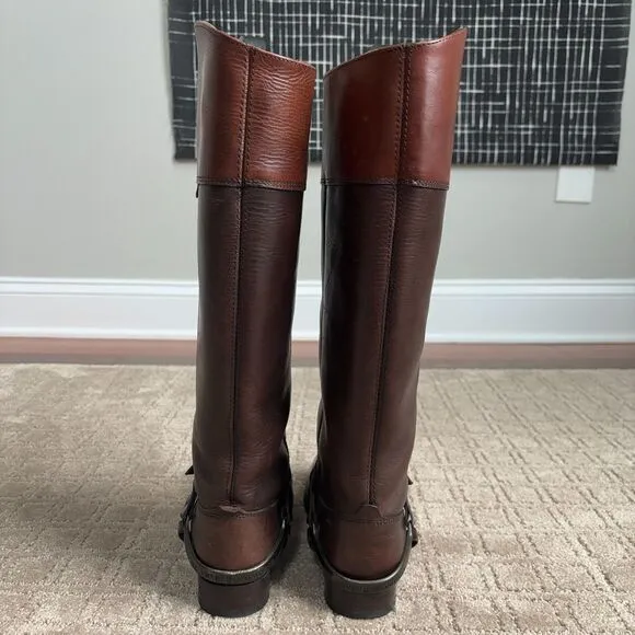 Frye Lindsay Spur Harness Riding Boots Women's Sz 6.5B Brown Leather Tall 76985